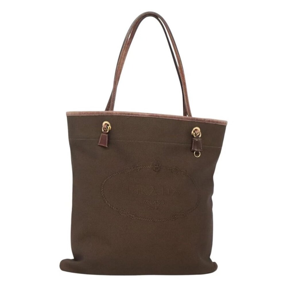 PRADA Tote Bag Canvas Brown Gold Auth ep8562